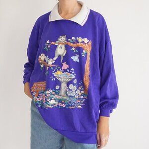 Vintage Basic Editions Purple Cat Bird Garden Graphic Polo Collar Sweatshirt 1X